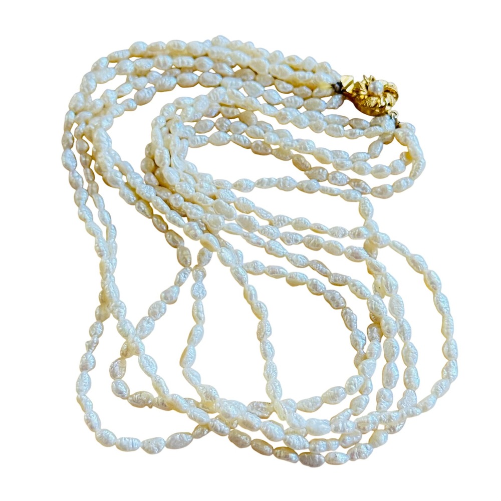 VTG Freshwater Rice Pearl Beaded Necklace Multi 5 Rows Statement Authentic 16"